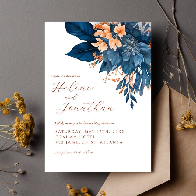 Hochzeitsfeier mit blauem Rost, orangefarbenes Flo Einladung (Navy Blue Rust Orange Floral Elegant Wedding Invitation)