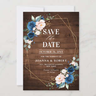 Hochzeitsfeier mit blauem Rost, rustikales Holz Save The Date