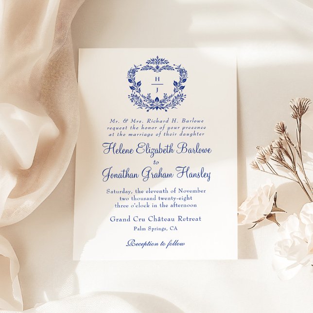 Hochzeitsfeier mit blauem Wappen Einladung (Navy Blue Crest Formal Elegant Wedding Invitation)