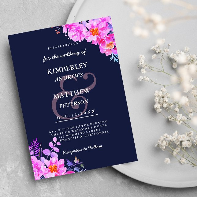 Hochzeitsfeier mit blauen, leuchtend rosa Aquarell Einladung (Navy blue bright pink watercolor floral Wedding Invitation )