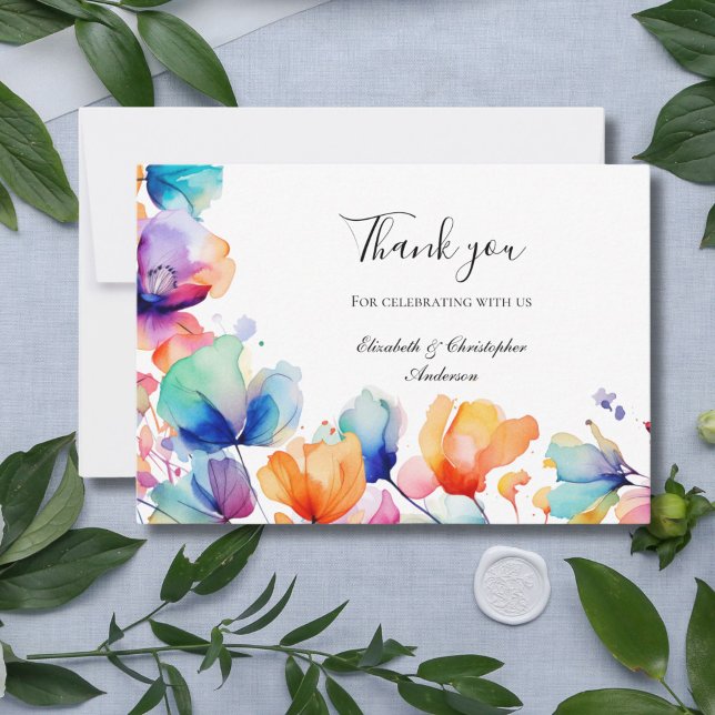 Hochzeitsfeier mit blauen Orangen Dankeskarte (Bright Floral Blue Orange Purple Watercolor Wedding Thank you card)