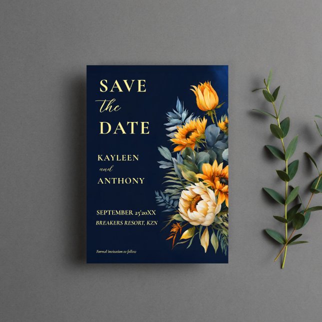 Hochzeitsfeier mit blauen, rustikalen Sonnenblumen Save The Date (Navy blue moody rustic sunflowers fall wedding save the date cards qr save the date floral elegant)