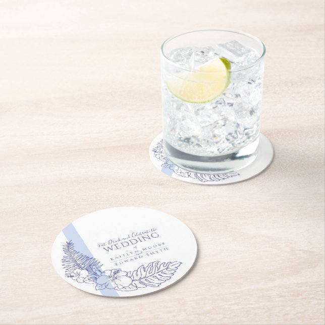 Hochzeitsfeier mit blauen tropischen Botanica-Lini Runder Pappuntersetzer (Vor Ort)