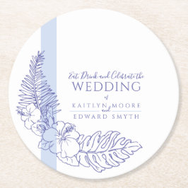 Hochzeitsfeier mit blauen tropischen Botanica-Lini Runder Pappuntersetzer