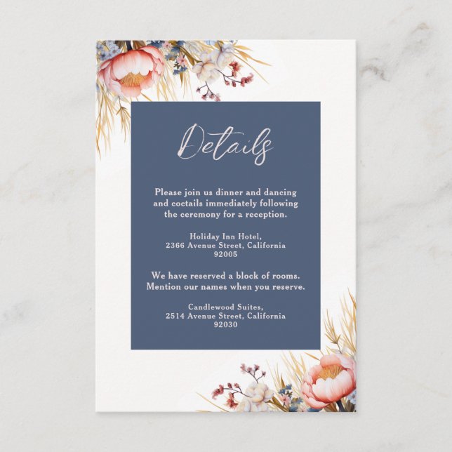 Hochzeitsfeier mit blauen und blütenrosa Wasserfar Begleitkarte (Vorderseite)