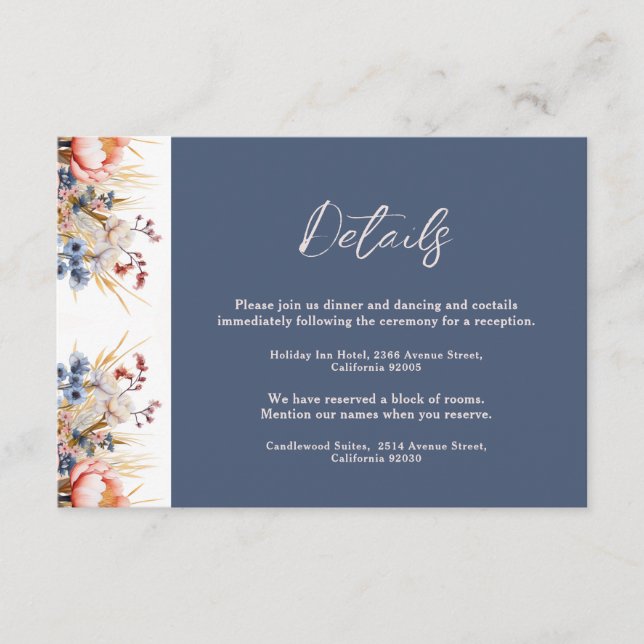 Hochzeitsfeier mit blauen und blütenrosa Wasserfar Begleitkarte (Vorderseite)