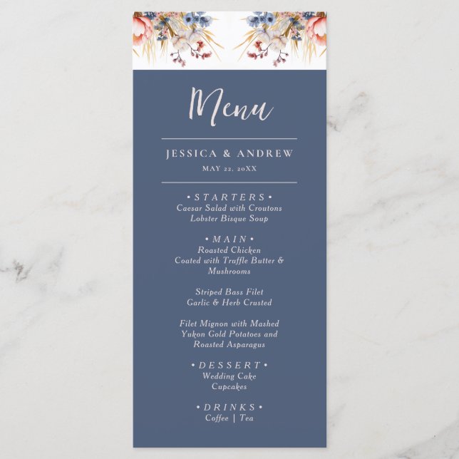 Hochzeitsfeier mit blauen und blütenrosa Wasserfar Menükarte (Vorderseite)