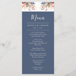 Hochzeitsfeier mit blauen und blütenrosa Wasserfar Menükarte