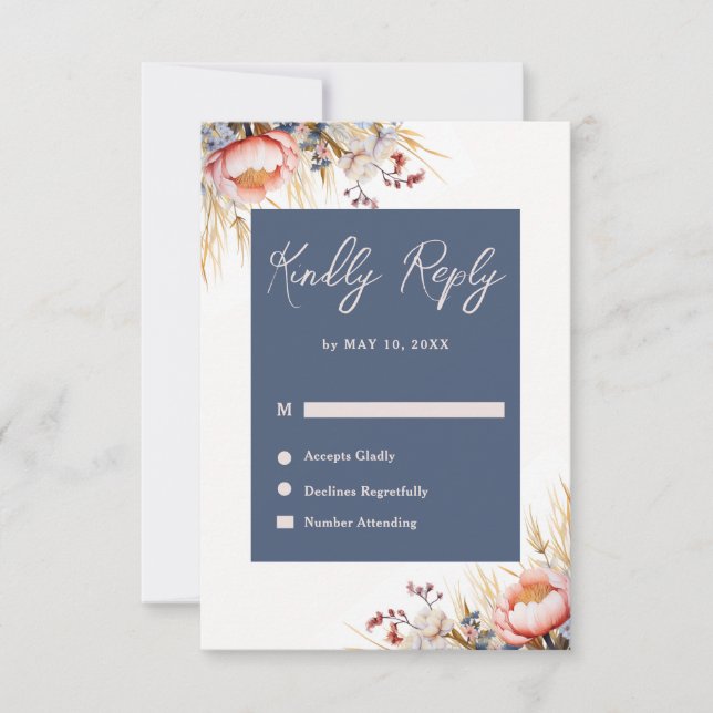 Hochzeitsfeier mit blauen und blütenrosa Wasserfar RSVP Karte (Vorderseite)