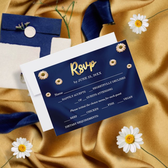 Hochzeitsfeier mit Blauen und goldenem Chic in Elf RSVP Karte (Von Creator hochgeladen)