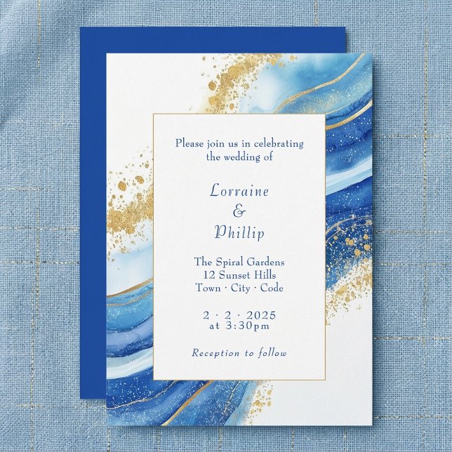 Hochzeitsfeier mit Blauen und goldenen Wasserfarbe Einladung (Elegant Blue and Gold Watercolor Wedding Invitation)