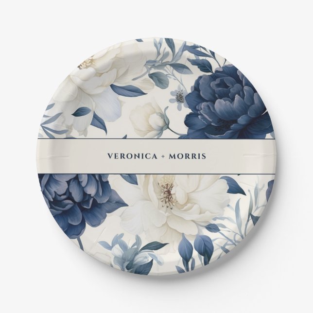 Hochzeitsfeier mit blauen und weißen Blumen Pappteller (Vorderseite)