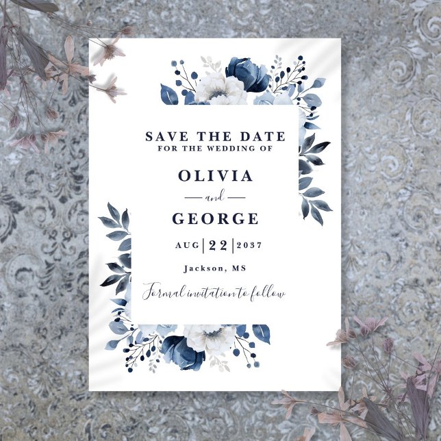 Hochzeitsfeier mit blauen Wasserfarben Save The Date (Navy Blue Modern Watercolor Floral Wedding Save The Date)