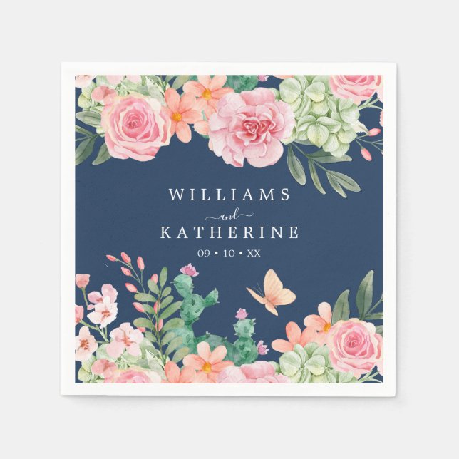 Hochzeitsfeier mit blauer Blüte Pink und Peach Flo Serviette (Vorderseite)