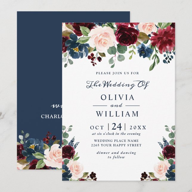 Hochzeitsfeier mit Blauer Blütenfarbe Einladung (Vorne/Hinten)