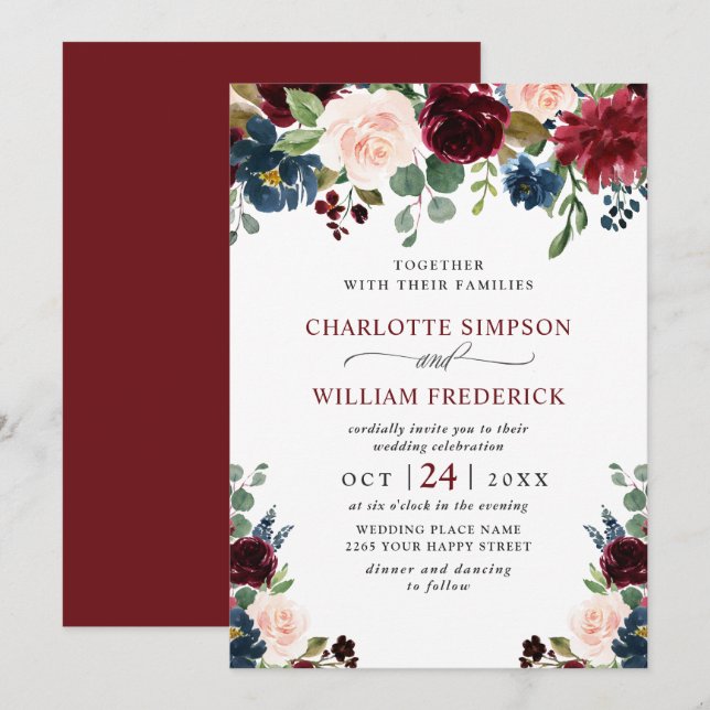 Hochzeitsfeier mit Blauer Blütenfarbe Einladung (Vorne/Hinten)