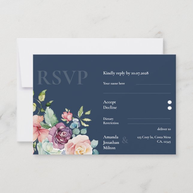 Hochzeitsfeier mit blauer Elegance RSVP Karte (Vorderseite)