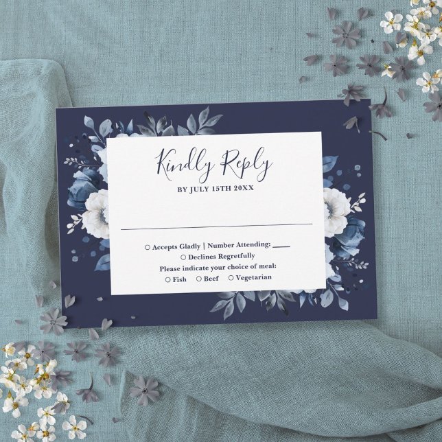 Hochzeitsfeier mit Blauer Elegant Country Garden RSVP Karte (Navy Blue Elegant Country Garden Floral Wedding RSVP Card)