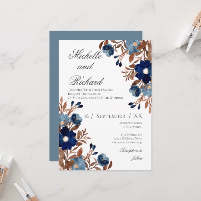 Hochzeitsfeier mit Blauer Flora Einladung (Vorderseite/Rückseite Beispiel)