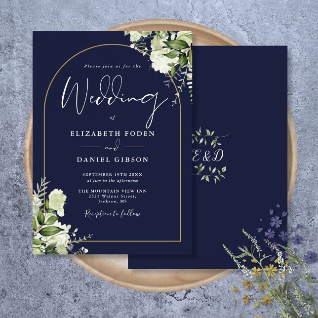 Hochzeitsfeier mit Blauer Grüne Gold Arch Einladung (Navy Blue Greenery Gold Arch Monogram Wedding Invitation)