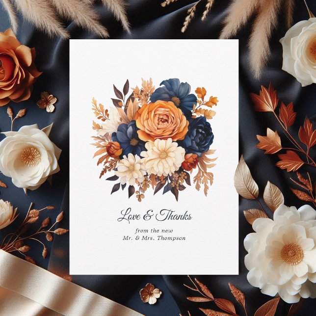 Hochzeitsfeier mit Blauer Navy, Burnt Orange & Cha Dankeskarte (Navy Blue, Burnt Orange and Champagne Floral Wedding Thank You Card)
