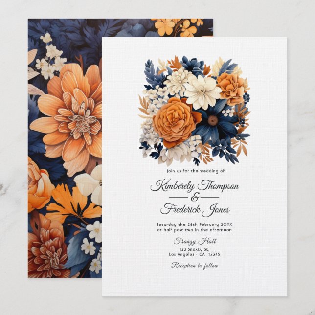 Hochzeitsfeier mit Blauer Navy, Burnt Orange & Cha Einladung (Vorne/Hinten)
