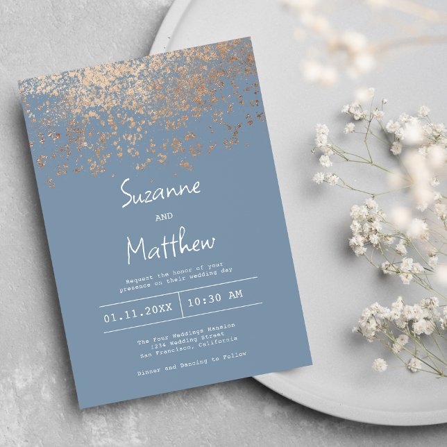 Hochzeitsfeier mit blauer Rose Einladung (Luxury dusty blue rose gold confetti wedding)