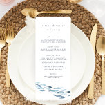 Hochzeitsfeier mit Blauer Wasserfarbe an der Küste Menükarte<br><div class="desc">Dieses elegante Sommerdesign für moderne Hochzeiten am Strand,  minimalistische Feiern an der Küste oder schicke Abendessen an der Probe bietet eine Schule von blauen Aquarellfischen,  die am Boden schwimmen. Personalisieren Sie sich mit zwei Zeilen Text in klassisch marineblau Schrift,  mit Ihren Menüpunkten unten.</div>