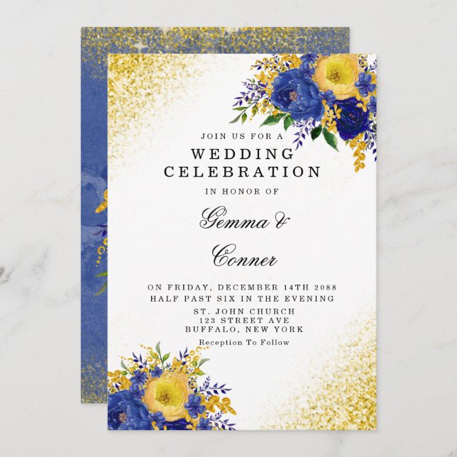 Hochzeitsfeier mit blaugelben Blütengold-Glitzer Einladung (Vorne/Hinten)