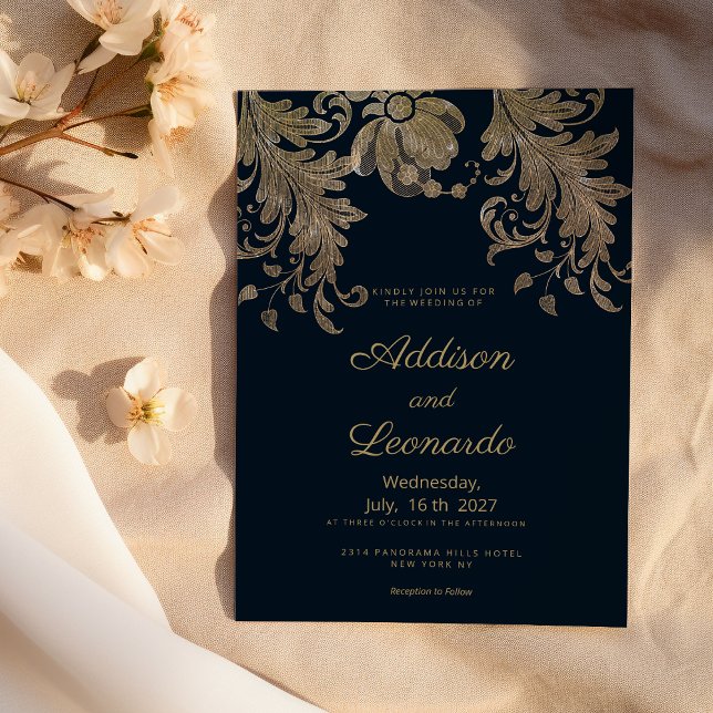 Hochzeitsfeier mit blühendem Gold Einladung (Navy blue gold lace floral luxury wedding )