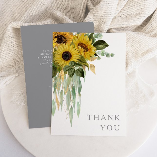 Hochzeitsfeier mit Blumen Dankeskarte (Sunflower Eucalyptus Green Gray Fall Wedding Thank You Card)