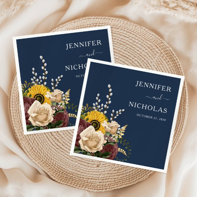 Hochzeitsfeier mit Blütenblütenblume Serviette (Elegant Navy Blue Sunflower Floral Wedding Napkins)