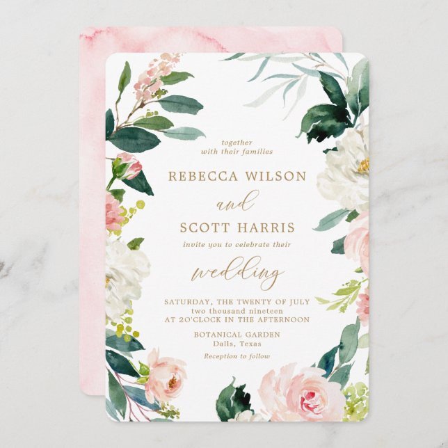 Hochzeitsfeier mit Blütenfarbe und goldener Wasser Einladung (Vorne/Hinten)