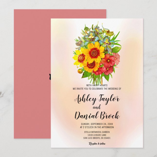 Hochzeitsfeier mit Blütenfarben in Bouquet Einladung (Vorne/Hinten)