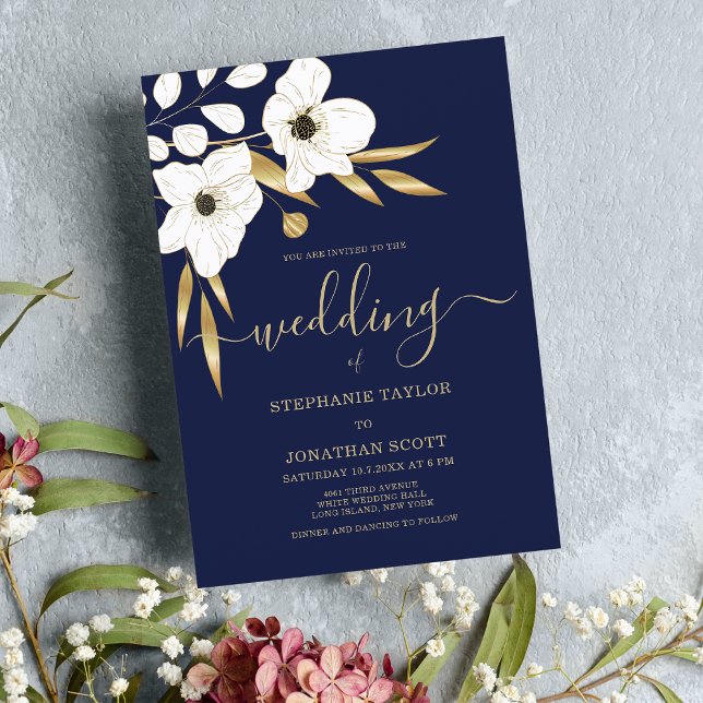 Hochzeitsfeier mit Blütengold Einladung (Luxury navy blue white gold floral wedding )