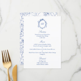 Hochzeitsfeier mit Botanischem Blau Chinoiserie Menükarte