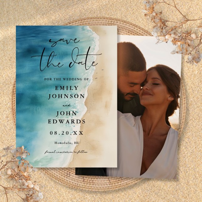 Hochzeitsfeier mit dem Foto "Blue Ocean Beach Sand Save The Date (Watercolor Blue Ocean Beach Sand Photo Wedding Save The Date)