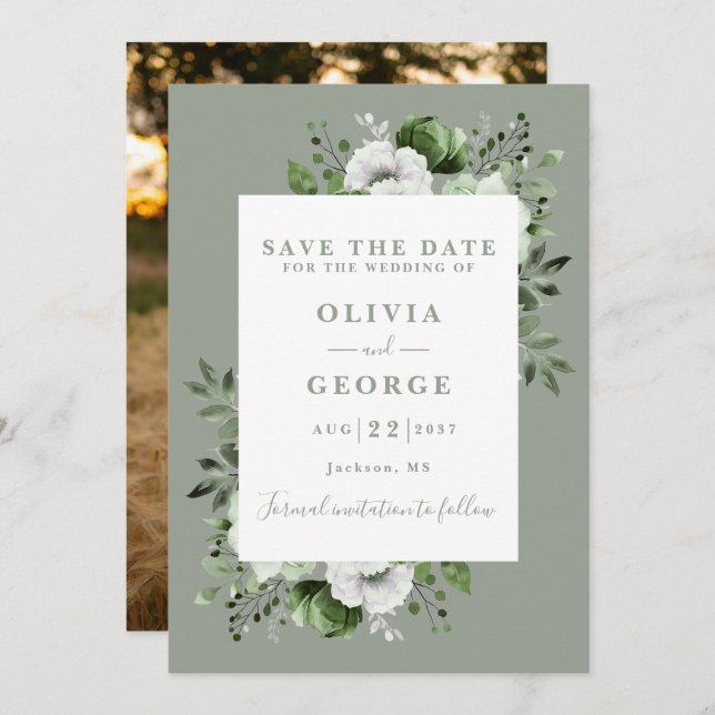 Hochzeitsfeier mit dem Foto "Sage Green Modern Wat Save The Date (Vorne/Hinten)