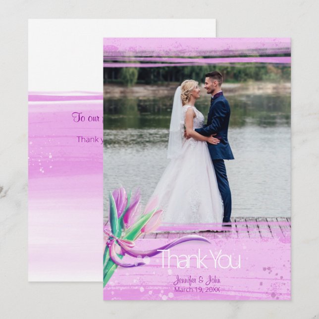 Hochzeitsfeier mit elegantem Blumenstrauß aus Tulp Dankeskarte (Vorne/Hinten)