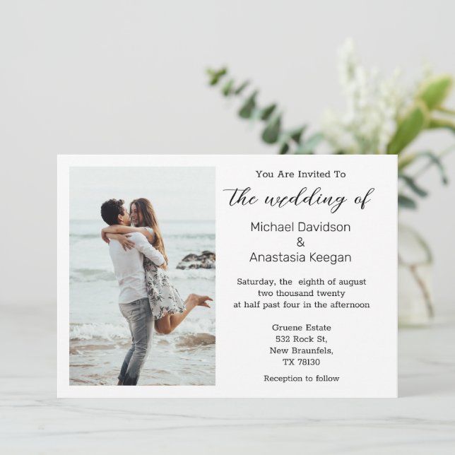 Hochzeitsfeier mit elegantem Skript für das Foto Mitteilungskarte (Stehend Vorderseite)