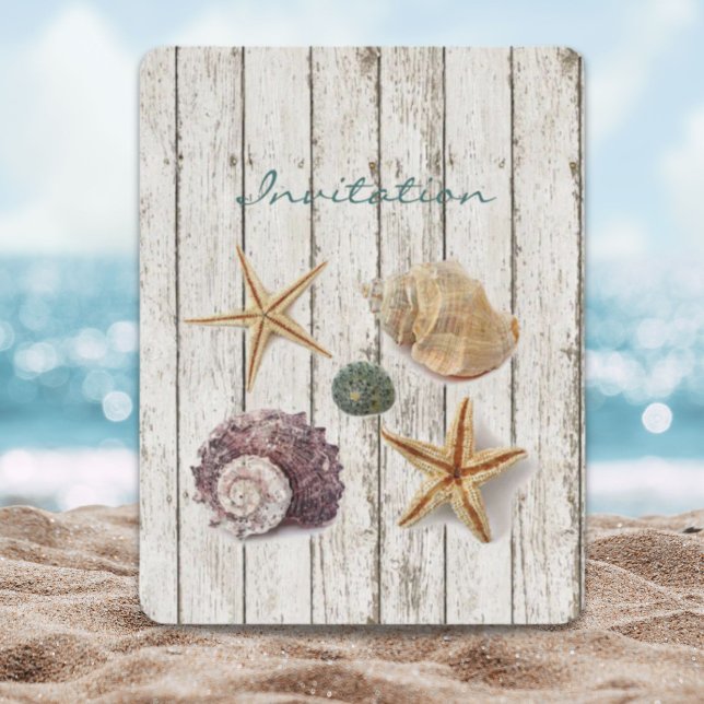 Hochzeitsfeier mit eleganten Dock-Holzosen Einladung (elegant coastal wood seashells beach wedding invitation)