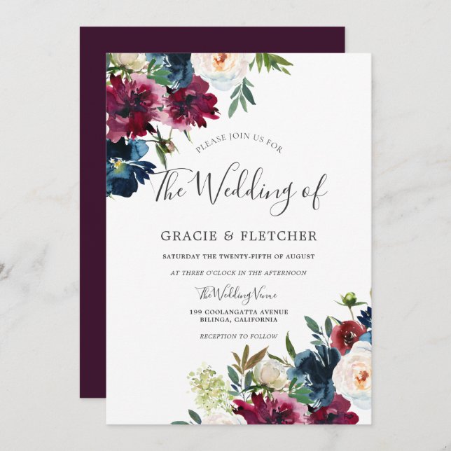 Hochzeitsfeier mit floralen Wasserfarben in Burgun Einladung (Vorne/Hinten)