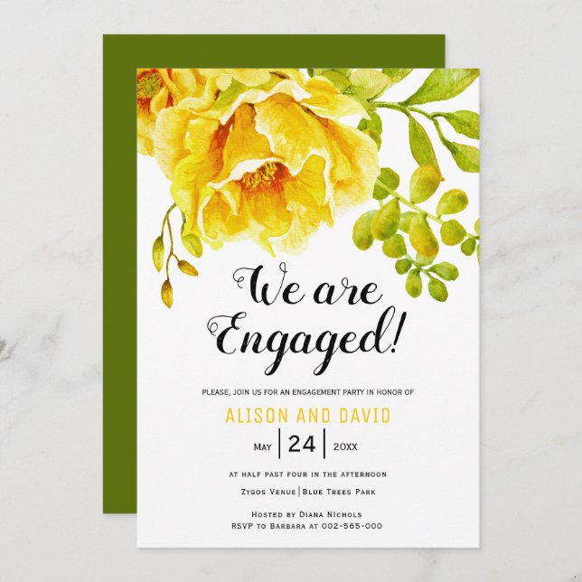 Hochzeitsfeier mit gelbem Aquarell Einladung (Vorne/Hinten)