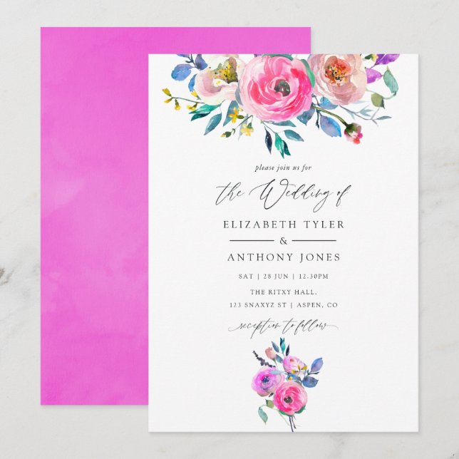 Hochzeitsfeier mit glänzender Wasserfarbe Einladung (Vorne/Hinten)