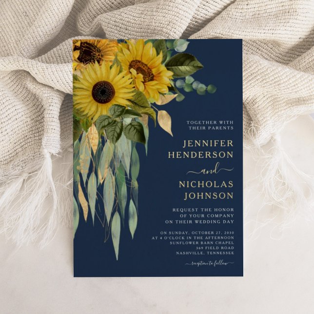 Hochzeitsfeier mit Gold der blauen Blütenblume Folieneinladung (Elegant Navy Blue Floral Sunflower Wedding Gold Foil Invitation)