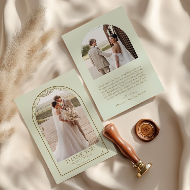 Hochzeitsfeier mit grünem Boho Beaded Arch Frame Dankeskarte (Von Creator hochgeladen)