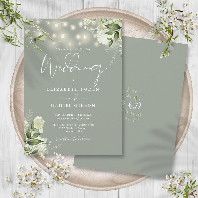 Hochzeitsfeier mit grünen String-Lichtern Einladung (Sage Green String Lights Floral Monogram Wedding Invitation)
