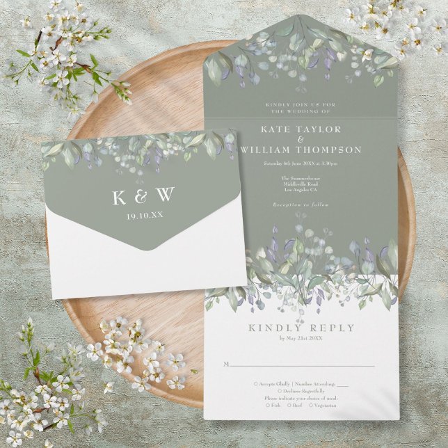 Hochzeitsfeier mit grüner Sage und Lilac Floral All In One Einladung (Sage Green Sage And Lilac Floral Monogram Wedding All In One Invitation)