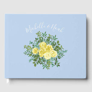 Hochzeitsfeier mit hellgelben und blauen Rose Gästebuch