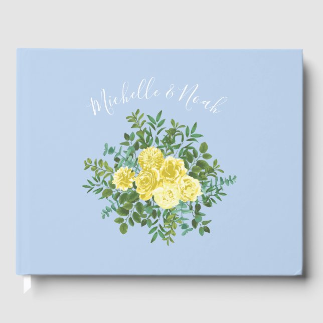 Hochzeitsfeier mit hellgelben und blauen Rose Gästebuch (Vorderseite)